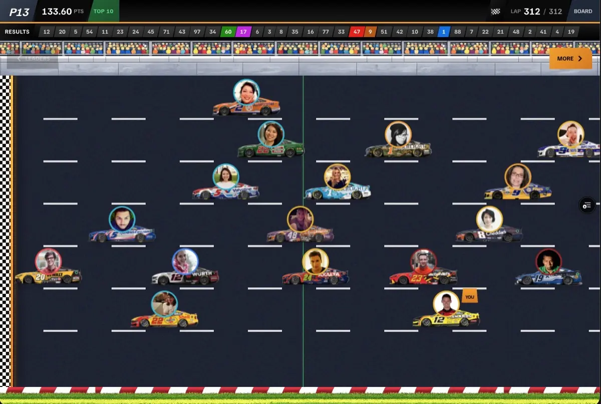 FantasyJolt live race view showing cars on track with real-time positions and scoring